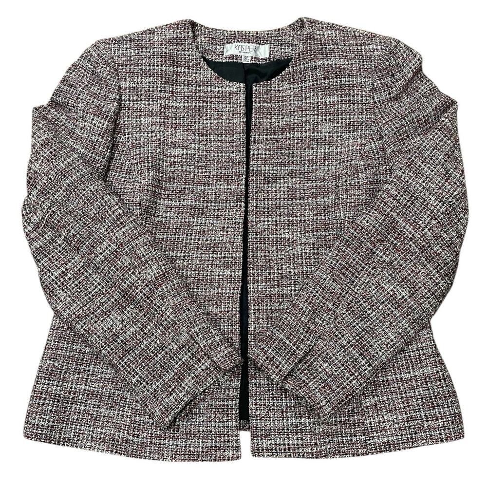 KASPER Women's 10P Petite 10 Red Black White Tweed Jacket Open Front Blazer Knit